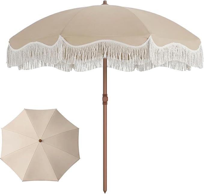 7ft Patio Umbrella with Fringe, Boho Beach Umbrellas, Outdoor Tassels Umbrellas with Push Button Tilt & Carrying Bag, 8 Windproof Fiberglass Ribs, UPF50+
