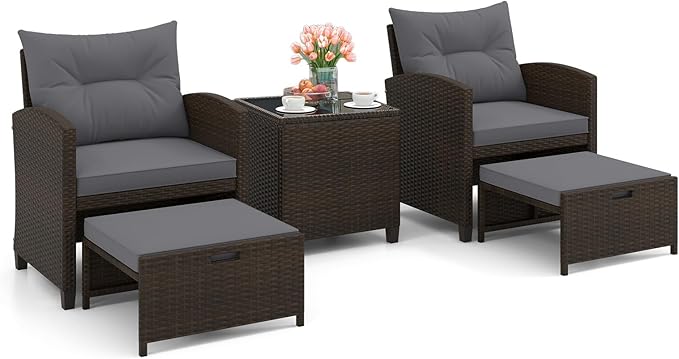 HAPPYGRILL 5-Piece Outdoor PE Rattan Conversation Set, Wicker Patio Furniture Set with Cushion, Ottoman & Coffee Table for Backyard Garden Poolside Lawn Deck Porch (Mix Brown & Grey)