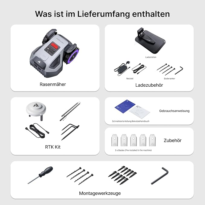 ANTHBOT M9 Set: Robotic Lawnmower Without Boundary Cable Including NetRTK & 4G Service (1 Year), Quick Installation Without RTK Base Station, NetRTK & Dual Vision, 900 m² (max. 1200 m²), 45% Incline