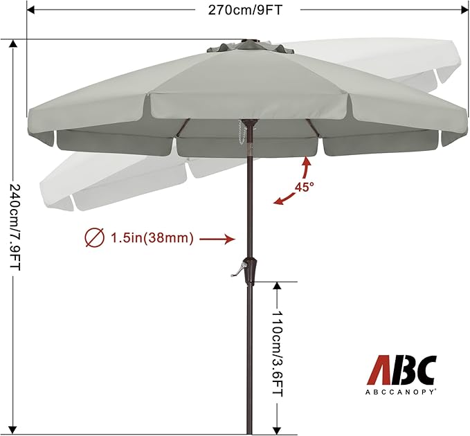 ABCCANOPY 9ft Scalloped Patio Umbrella, Outdoor Table Umbrella with Tilt and Crank, Fiberglass Ribs Deck Umbrella for Patio, Pool, Garden, Picnic (Light Gray)
