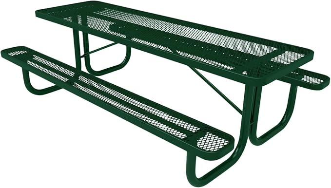 COATEDOUTDOORFURNITURE Heavy-Duty Portable Outdoor Picnic Table, Thermoplastic Coated Expanded Metal Commercial-Grade Patio Furniture Made in America (8ft Rectangular, Green with Green Frames)