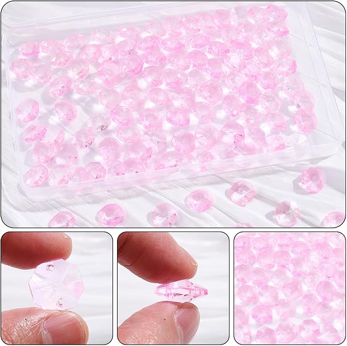 1 Box 120Pcs Glass Octagon Beads Bulk Prism Crystal Bead 14mm 2 Hole Pink Crystal Chandelier Replacement Links Sun Catcher Faceted Beads for DIY Lamp Hanging Pendant Jewelry Suncatcher Craft