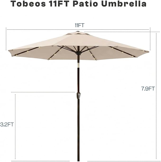 11FT Solar Lighted Patio Umbrella, Outdoor Table Market Umbrellas with Crank Lift, 32 LED Lights, 8 Sturdy Ribs, UV-Resistant for Deck, Garden, Pool