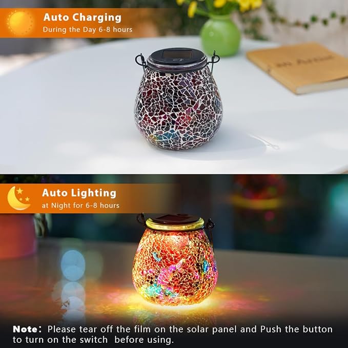 Stargarden 2 Pack Mosaic Solar Lantern ,Outdoor Hanging Waterproof Mosaic Light Solar Table Lamp for Garden ,Patio,Yard Decor (Red)