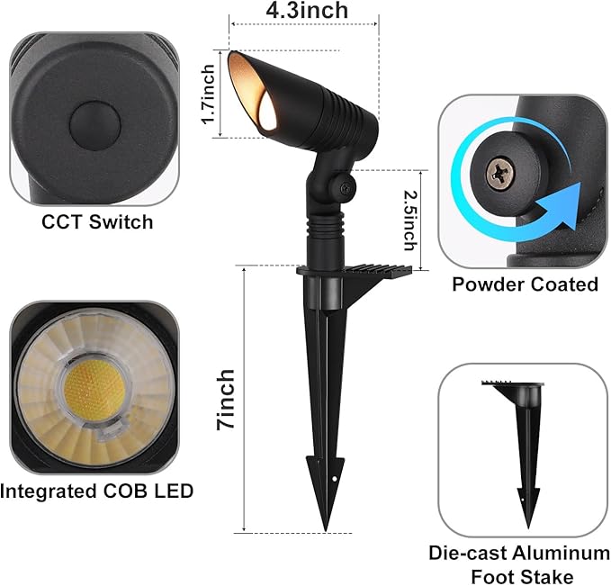 Mini Low Voltage Spot Lights Outdoor, 5W 12V LED Landscaping Spot Lights Wired for Outdoor Uplighting Yard Garden Tree House, 60° Beam Angle, 2200K/2700K/3000K/4000K /5000K, Black, 1PK