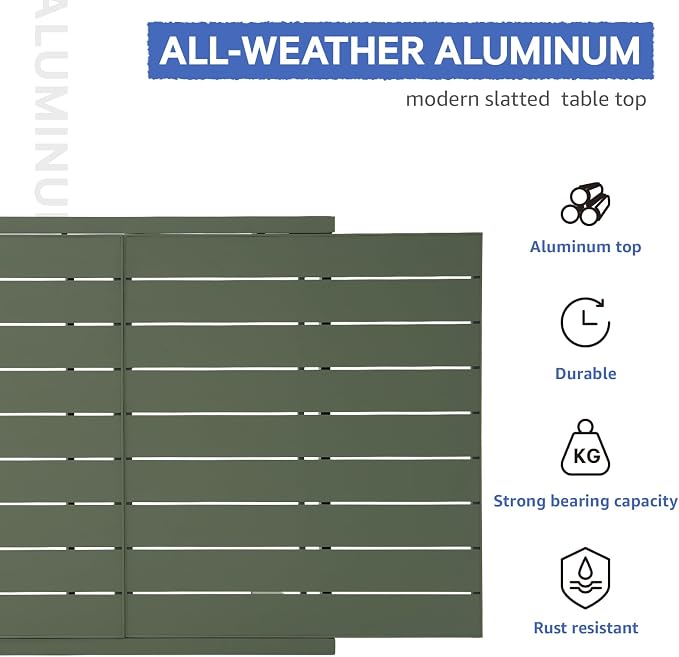Soleil Jardin 7-Piece Outdoor Patio Dining Set, 59" - 83" Aluminum Expandable Outdoor Dining Table Set for 6, 6 Stackable Chairs with Beige Removable Cushions, Green