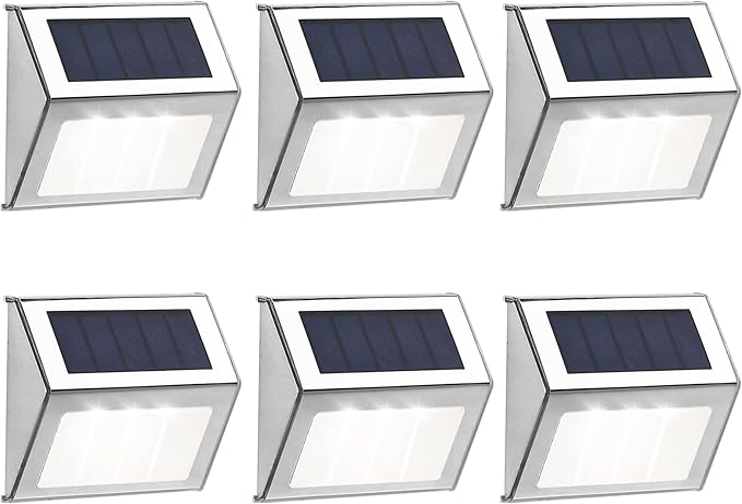 Solar Lights Outdoor Waterproof Deck Light, Solar Stair Lights Outside LED Step Lighting Stainless Steel for Paths Patio Garden Yard, Pack of 6