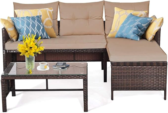 Fireflowery 3-Piece Outdoor Rattan Sectional Sofa Set, Patio Wicker Rattan Conversation Furniture Set, Steel Frame & Seat Cushion, Perfect for Garden Lawn Pool Backyard (Brown)