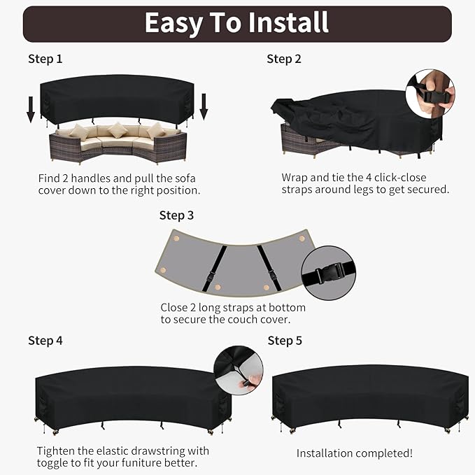 PureFit Outdoor Sectional Sofa Cover Waterproof Curved Patio Furniture Covers for Deck, Lawn and Backyard, 190Lx36Dx39Hx128FL, Black