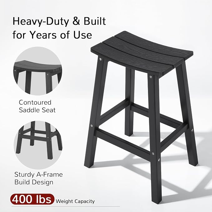 Stoog All-Weather Bar Stools Set of 4, 28" Outdoor Patio Barstools, Low Maintenance HIPS Furniture, Never Rots or Fades, for Kitchen Counter, Deck & Garden, Black