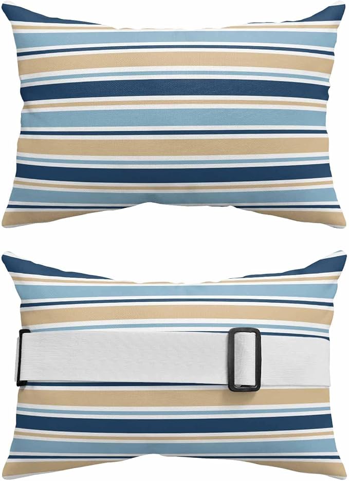Pack of 4 Outdoor Lumbar Pillow Covers 11x16 Inch, Blue Khaki Striped Waterproof Throw Pillow Covers Set, Farmhouse Stripes Modern Abstract Art Outside Decorative Cushion Cases for Patio Porch Car