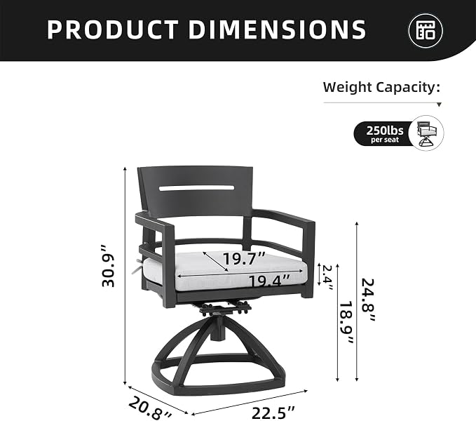 Patio Dining Swivel Chair with Sunbrella Fabric Cushion, 360° Rotation and Aluminum Modern Outdoor Dining Chairs, Garden (2PCS Swivel Chairs)