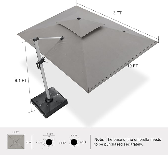 PURPLE LEAF 10' X 13' Cantilever Outdoor Patio Umbrella Large Heavy Duty 360° Rotation Double Top Offset Rectangular Umbrellas for Backyard Deck Pool, Cast Ash