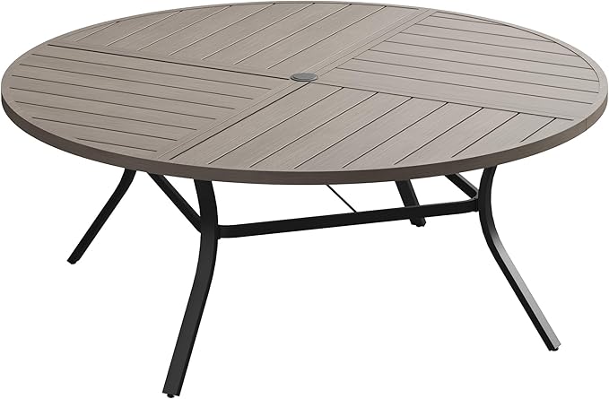 VICLLAX 60" Round Outdoor Table, Patio Dining Table for 8-10 with Umbrella Hole for Garden Lawn Deck Backyard, Antique Grey