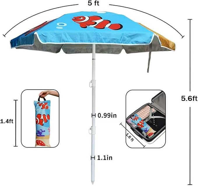 LOTTAFUN Water Table Umbrella Kid 5ft Beach Umbrella Diameter 0.99-1.2 inches Pole UV 50+ Portable Sun Shade with Sand Anchor & Carry Bag, Outdoor Folding Umbrella for Beach,Pool,Patio,Garden (Fish) NO Tilt The sand needs to be over 5 inches above the ...