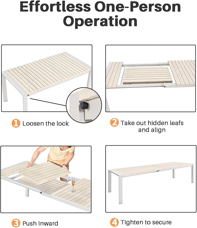 Extendable Outdoor Dining Table for 6-10 Person, 85"-107" Oversized Rectangular Patio Dining Table, Never-Rust Aluminum Expandable Dining Table with Wood Grain Tabletop for Deck, Garden, Porch