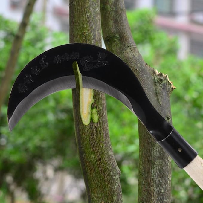 Yardwe Long-Handled Grass Sickle Hand Tool with Comfortable Grip for Weeding and Garden Cultivation Durable Manganese Steel Lawn Care Tool