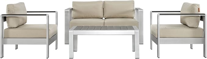 Modway Shore 4-Piece Aluminum Outdoor Patio Furniture Set in Silver Beige