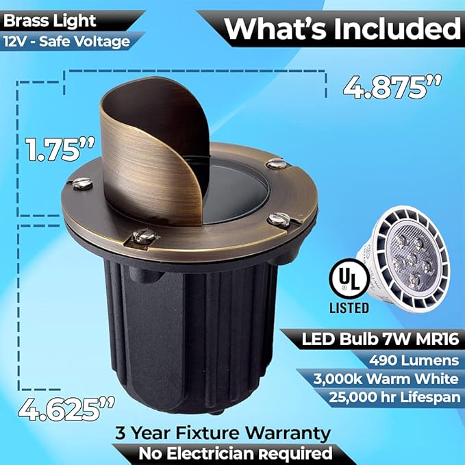 LED Spot Lights Outdoor Landscape Lighting Well Lights 174 - Solid Brass In Ground Light with 7W LED Bulb Security Landscape for Bright Long Lasting Home Garden Patio Pool Area Deck Lighting