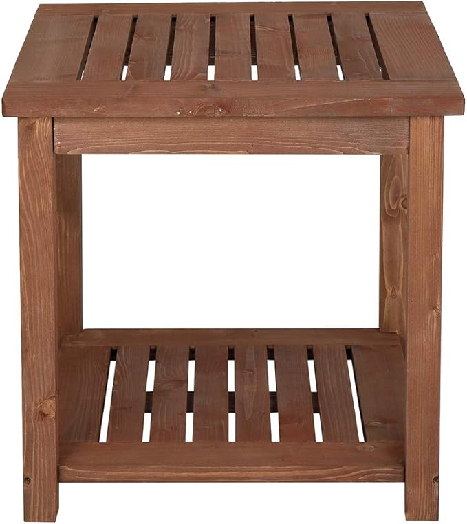 Outdoor Side Table, Carbonized Color Wood 18 inch Poolside Patio Table, Square Coffee Table with Storage Tier for Patio Porch Lawn