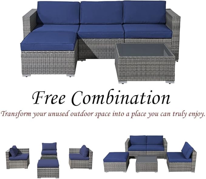 Patiorama 5 Piece Outdoor Patio Furniture Set, Outdoor Sectional Conversation Set, All-Weather Grey PE Wicker w/Navy Blue Cushions, Outdoor Backyard Porch Garden Poolside Balcony Furniture Set