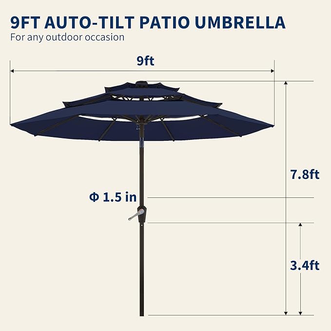9FT 3 Tiers Patio Umbrella With Auto Tilt And Crank, Outdoor Table Market Umbrella with 8 Sturdy Ribs for Garden, Lawn, Deck, Backyard and Pool