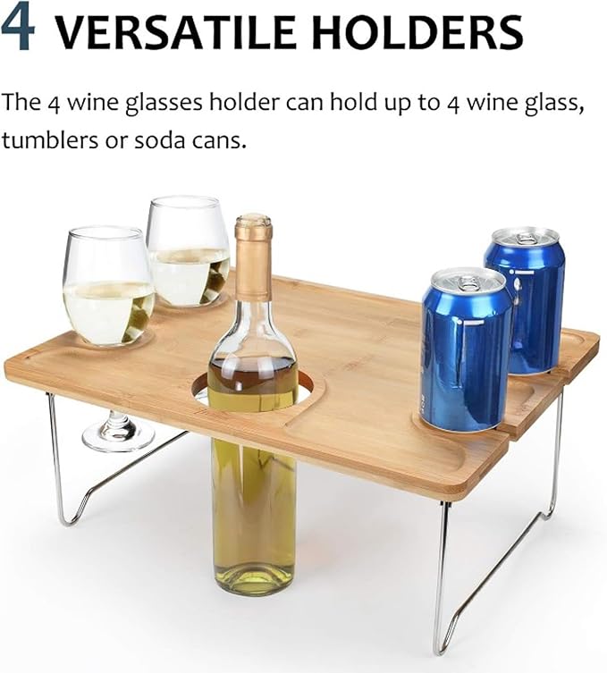 Portable Bamboo Picnic Wine Table for 4 - Folding Snack Tray with Bottle and Glass Holders - Low Camping and Beach Table for Outdoor Cheese and Charcuterie