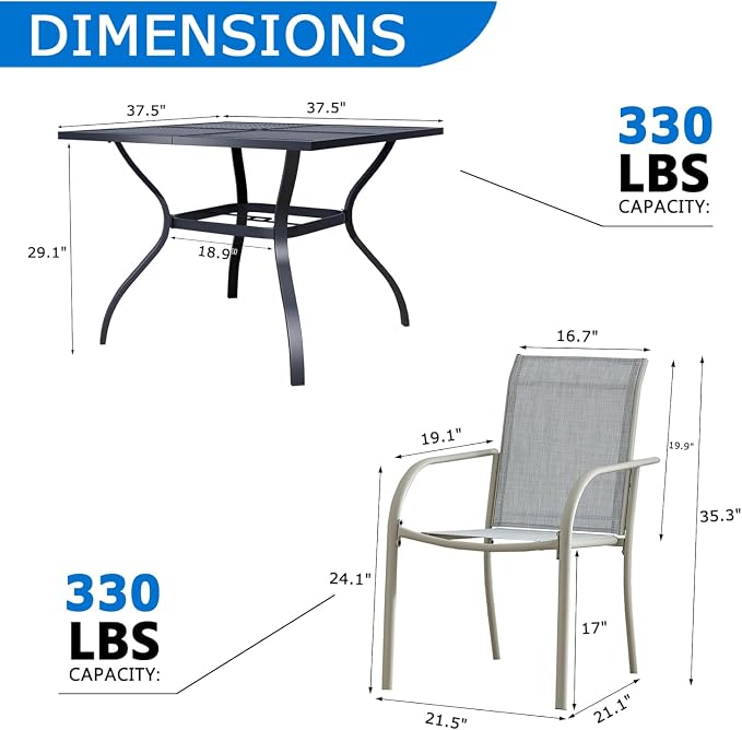 5-Piece Outdoor Dining Set, Square Metal Table with Beige Chairs, Black Patio Table with Umbrella Hole for Garden, Yard, Patio
