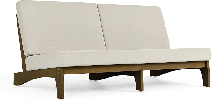 Outdoor Furniture Patio Couch, Weather Resistant 3-Seater Patio Sofa with Removable Cushion, Teak Wood Frame for Porch & Backyard Seating - Light Camel
