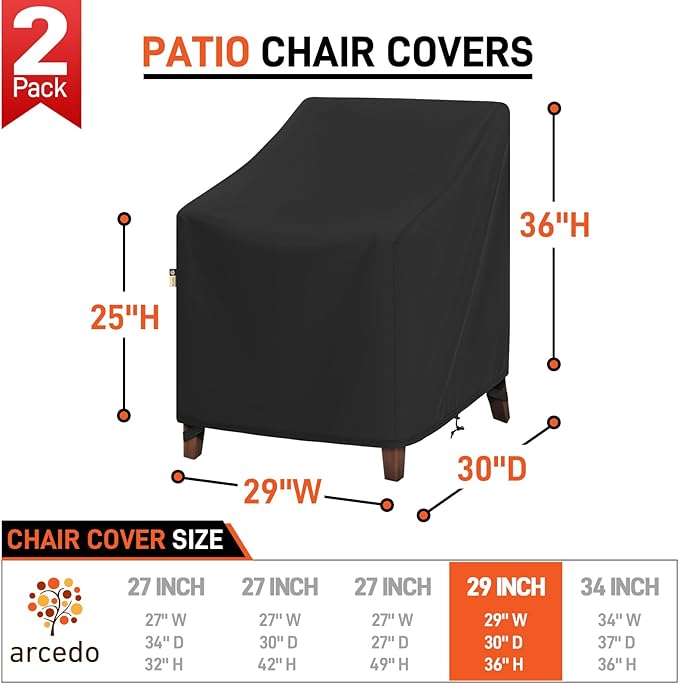 Arcedo Waterproof Patio Chair Covers 2 Pack, Outdoor Lounge Covers for Lawn Swivel Rocking Chair, Patio Furniture All Weather Protection - 29" W x 30" D x 36" H, Black