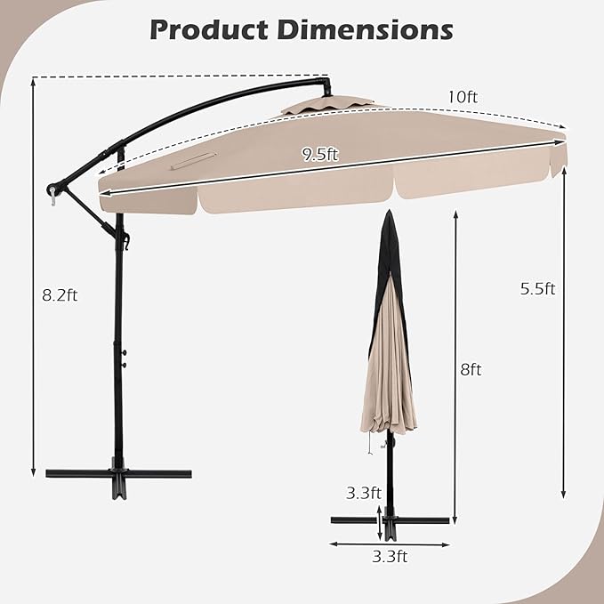 Tangkula 10FT Offset Hanging Umbrella with Cover, Patio Cantilever Umbrella w/ Easy Tilt Adjustment, Crank, Ruffled Edge, 8 Ribs, Sun-Protective Canopy, Heavy-Duty Outdoor Parasol for Pool Garden Deck (Beige)
