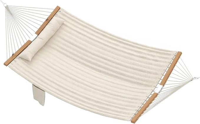 11FT Hammock Without Stand for Outside, Large Patio Hammock with Removable Headrest & Side Pocket, Two Person Hammock with Spreader Bars for Garden, Balconies, 440LBS Capacity (Cream White)