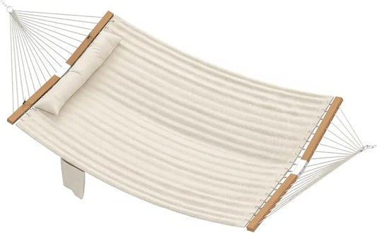 11FT Hammock Without Stand for Outside, Large Patio Hammock with Removable Headrest & Side Pocket, Two Person Hammock with Spreader Bars for Garden, Balconies, 440LBS Capacity (Cream White)