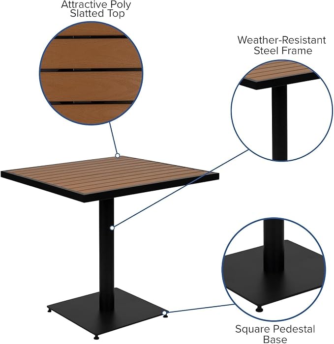 Flash Furniture Lark Outdoor Patio Bistro Dining Table with Faux Teak Poly Slats, 30" Square