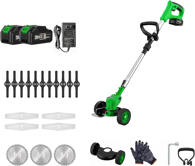 FIREHELP-20V Max Brushless String Trimmer Edger with Dual Batteries, Adjustable Telescopic Shaft, 3 Mode Cutting (Trimmer/Edger/Mower) (Forest Green + Wheel Kit)