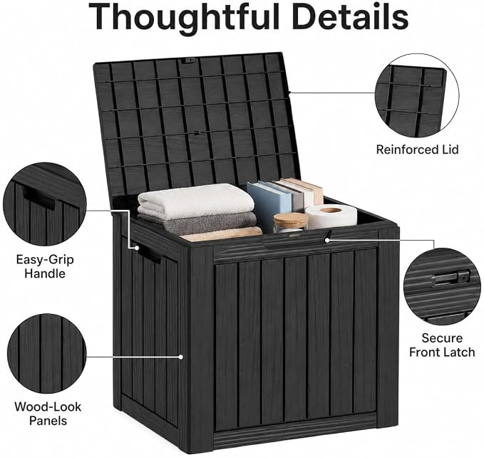 Outdoor Deck Patio Storage Box - 35 Gallon Small Outdoor Deck Box, Plastic Storage Bin with Lid, Outside Toy Box & Pool Storage Container for Cushions, Garden Tools, Towel, Lockable Chest, Black
