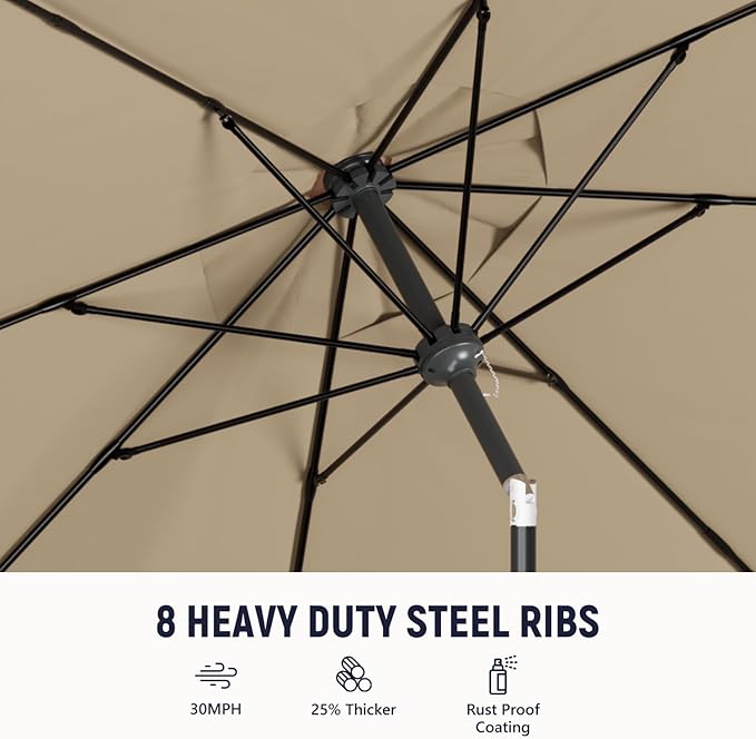 Outdoor Patio Umbrella with One Push Button Tilt and Crank, 8 Sturdy Ribs Market Table Umbrella