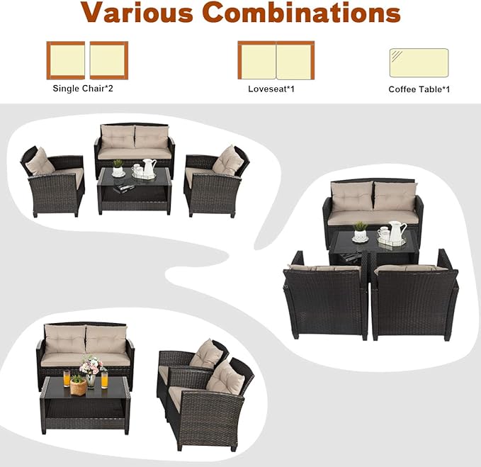 Tangkula 4-Piece Outdoor Rattan Furniture Set, PE Rattan Wicker Sectional Sofa with Loveseat Chair & Glass Table, Patio Cushioned Conversation Sets for Backyard Porch Garden Poolside (1, Brown)