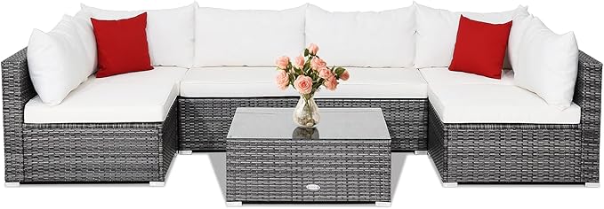 Tangkula 7 Piece Patio Wicker Furniture Set, Outdoor Rattan Sectional Sofa Set for 6 with Seat & Back Cushions, 2 Throw Pillows, Sofa Fastener Clips, for Backyard, Poolside, Deck and Garden (Navy)