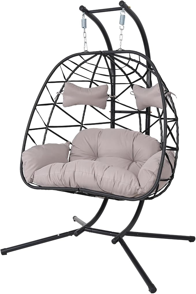 Double Egg-Shaped Hammock Chair with Stand Swing Egg Chair, Wicker Hanging Chair with Washable Cushion Sturdy Metal Stand, 600lbs Capacity for Indoor Outdoor Patio Living Room Etc(Black+Light Gray)