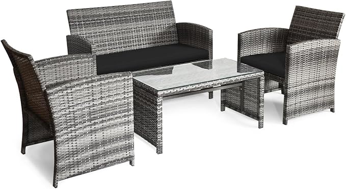 Giantex 4 Pc Patio Conversation Set, Rattan Loveseat & Patio Chairs with Cushioned Seat, Wicker Coffee Table, Outdoor Furniture Set for Front Porch Poolside Garden Lawn