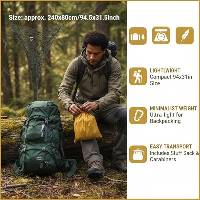 (94.5x31.5in) – Portable Single Hanging Bed for Camping, Hiking, Travel & Backyard, Breathable Mesh with Hooks, Supports Up to 100kg (220lbs)‌