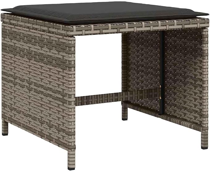 11 Piece Patio Dining Set with Cushions Gray Poly Rattan Outdoor Table and 6 Chairs with 4 Stools Folding Stackable Space Saving Comfortable Seating for Garden Backyard UV Proof Tempered Glass Top