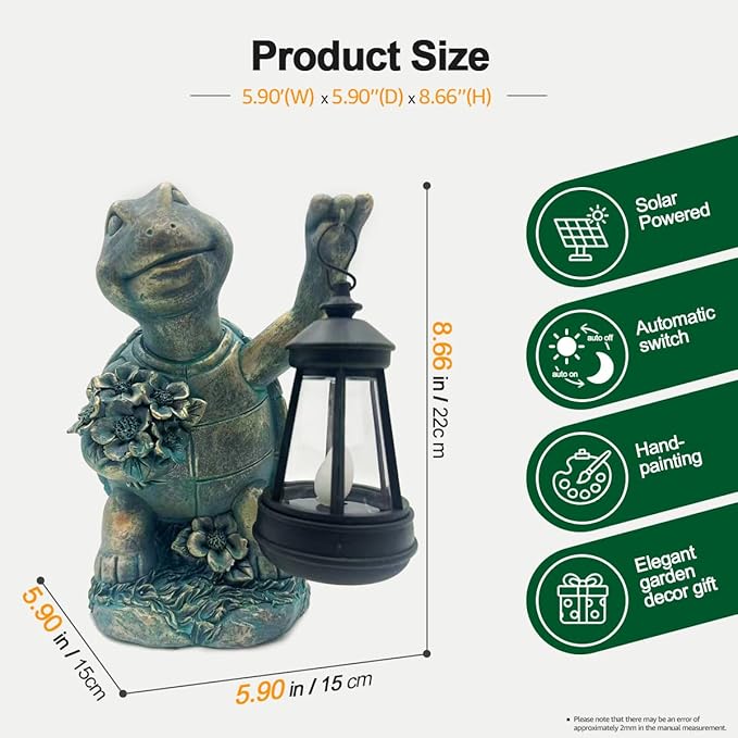 Solar Garden Outdoor Statues Lantern Figurines Light Decorations for Outdoor Patio Balcony Yard Lawn, Ideal Gifts for Mom Friends (Bronze- Turtle)