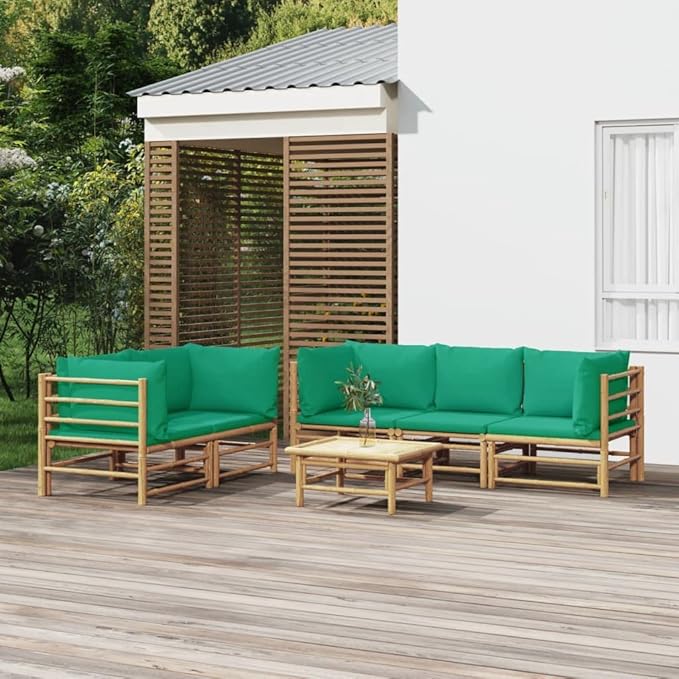 6 Piece Patio Lounge Set with Green Cushions, Patio Conversation Set Sectional Sofa Porch Furniture Set Outdoor Sofa Sets for Garden Piazza Negotiation Area Exhibition Bamboo
