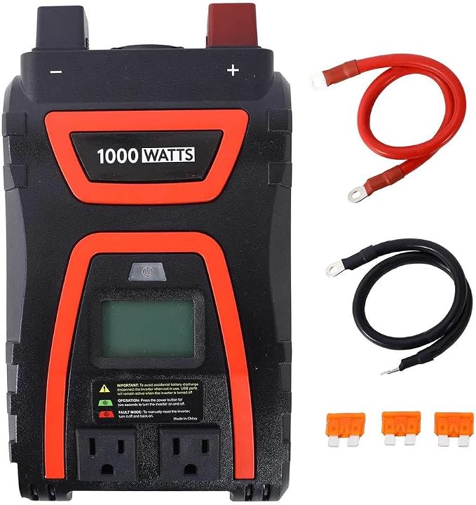 1000W Power Inverter, 12V DC to 115V AC, 2000W Peak, 2 AC Outlets, 2 USB (2.4A) + 1 Type-C (5V/3.1A), LCD Readout, Outside Blade Fuse, ETL Listed, Modified Sine - for Car, Truck, RV, Camping