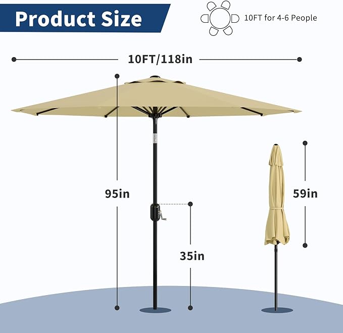 10Ft Patio Umbrella - 8 Sturdy Ribs Outdoor Table Umbrella with Crank Lift & Push Button Tilt - Market Umbrella for Pool, Deck, Yard, Garden - Turquoise