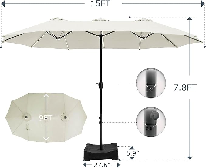 GREEN PARTY 15 ft Rectangular Patio Umbrella with Base Included, Large Double-Sided Outdoor Table Umbrella with Crank, 1.9" Pole UPF 50+ UV Resistant for Pool Deck Backyard Garden, Ivory