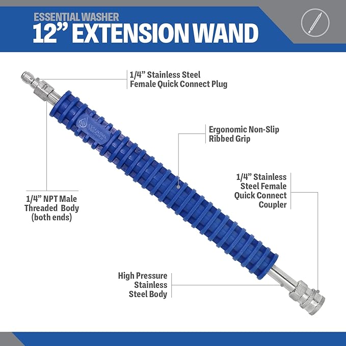 ESSENTIAL WASHER 12" Pressure Washer Extension Wand - Stainless Steel Power Washer Wand with Molded Grip - Short Pressure Washer Wand Replacement - Stainless Steel 1/4” QC Plug & Coupler Preinstalled
