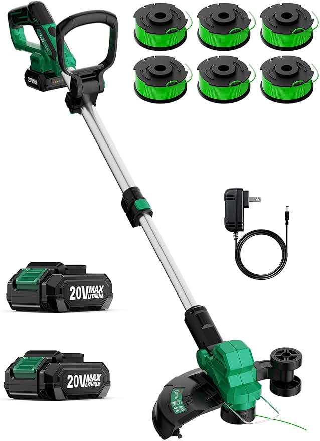 KIMO 12 Inch Cordless Weed Wacker Battery Operated w/ 2 x 2.0Ah Batteries, 2-in-1 String Trimmer & Edger with Charger & Wheels, 6pcs Replacement Spools, Fast Charger